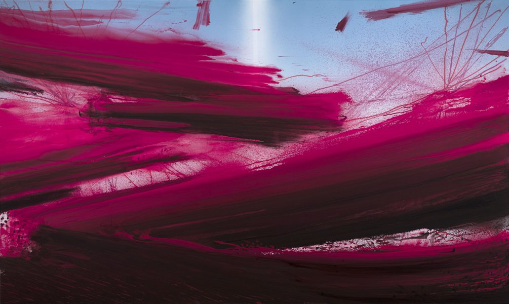 Long, thick, horizontal strokes of paint ranging in hue from black to bright magenta span the pale blue background of this abstract painting. In the upper right corner, the background emerges behind a light spray and thin drips of red paint. A faint white vertical line, like a narrow beam of light, stretches from the center of the canvas’s top toward the bottom but is quickly subsumed under the horizontal strokes.